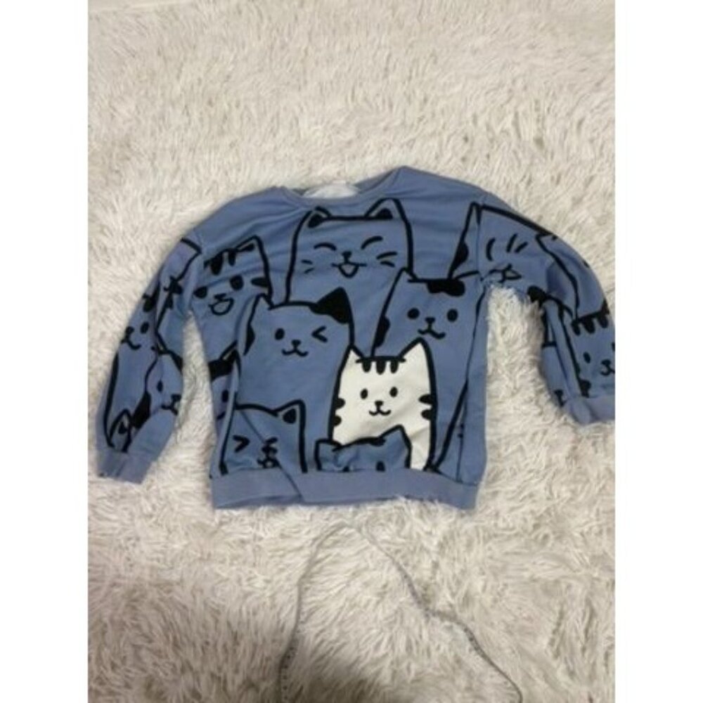 Shein Cat Print Kids Sweatshirt Blue Long Sleeve Casual Top 7Y